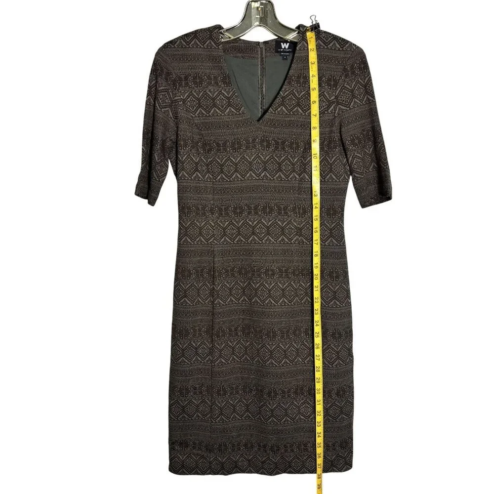 W By Worth Artsy Brown Patterned V-Neck Belted Dress Size 2 - Picture 6 of 11